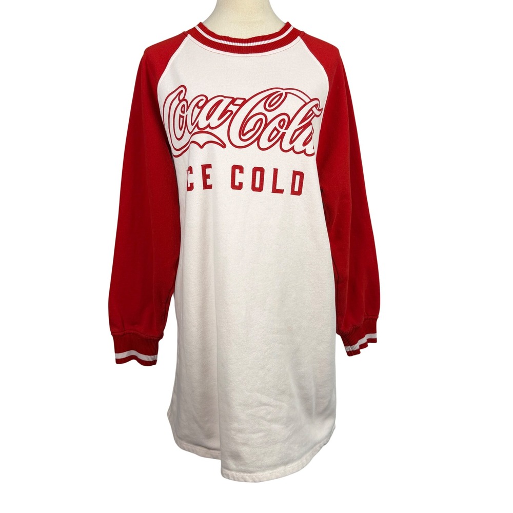 H&M Coca-Cola Sweatshirt Dress Womens Large Raglan Graphic White Red‎